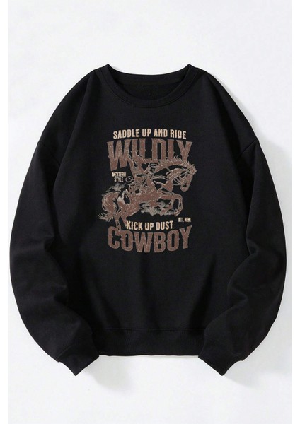 W. Somerset Maugham Baskılı Kadın/erkek Siyah Bisiklet Yaka Pamuklu Sweatshirt