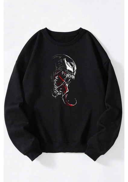 Looney Tunes Baskılı Kadın/erkek Siyah Bisiklet Yaka Pamuklu Sweatshirt