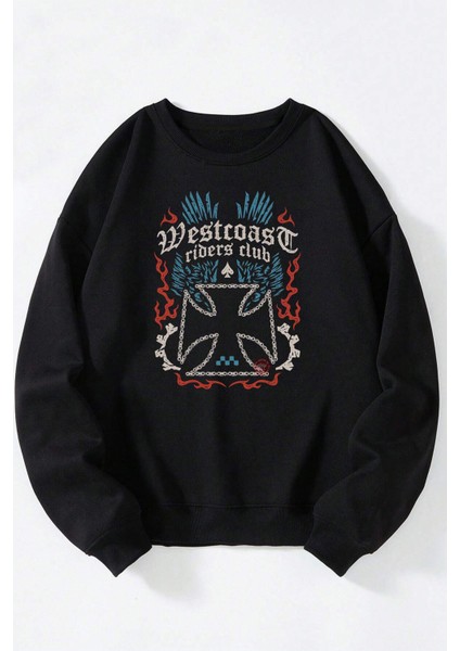 Spider Star Baskılı Kadın/erkek Siyah Bisiklet Yaka Pamuklu Sweatshirt