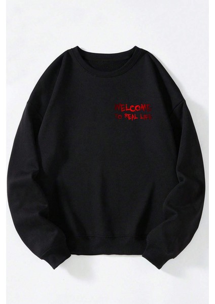 Spacehunter Baskılı Kadın/erkek Siyah Bisiklet Yaka Pamuklu Sweatshirt