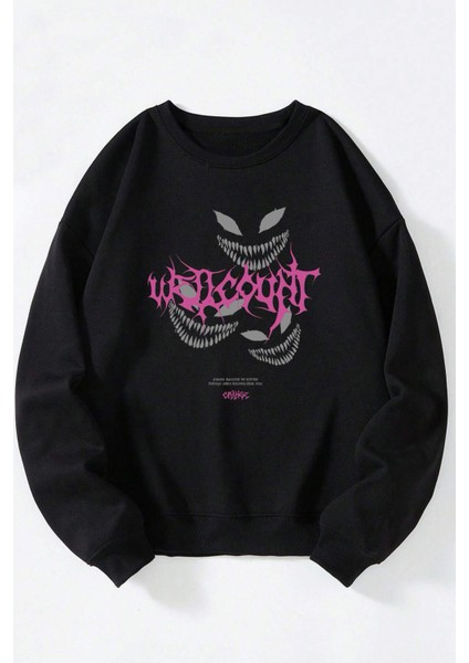 Space Roket Baskılı Kadın/erkek Siyah Bisiklet Yaka Pamuklu Sweatshirt