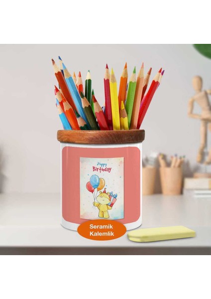Balonlu Sevimli Ayıcık Ahşap Seramik KALEMLIK-2147769052