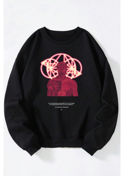 Motor Head Baskılı Kadın/erkek Siyah Bisiklet Yaka Pamuklu Sweatshirt