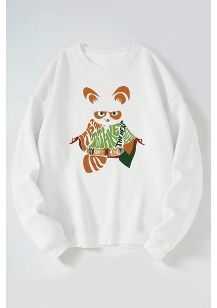 Kungfu Panda Master Shifu Baskılı Kadın/erkek Beyaz Bisiklet Yaka Pamuklu Sweatshirt