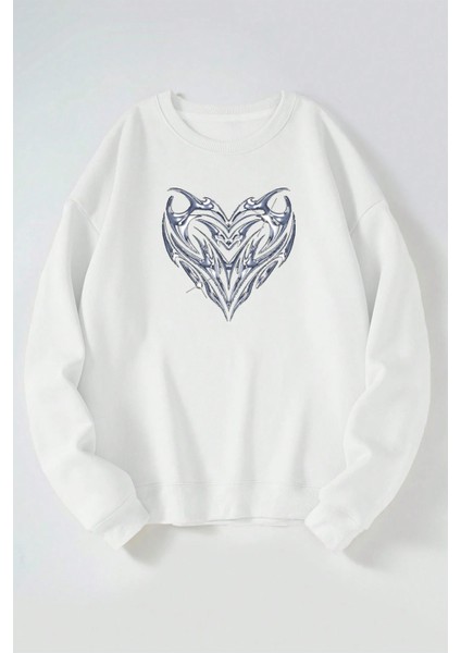 Çelik Kalp Baskılı Kadın/erkek Beyaz Bisiklet Yaka Pamuklu Sweatshirt