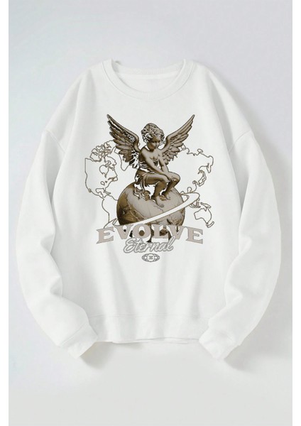 Evolve Eternal Baskılı Kadın/erkek Beyaz Bisiklet Yaka Pamuklu Sweatshirt