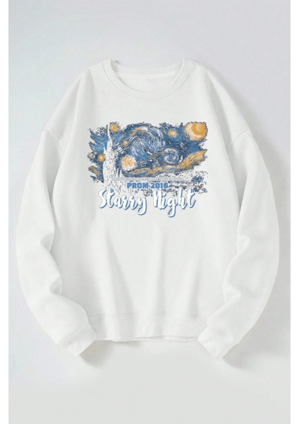 Starry Night Baskılı Kadın/erkek Beyaz Bisiklet Yaka Pamuklu Sweatshirt