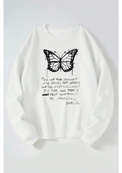 Kelebek Darwin Baskılı Kadın/erkek Beyaz Bisiklet Yaka Pamuklu Sweatshirt