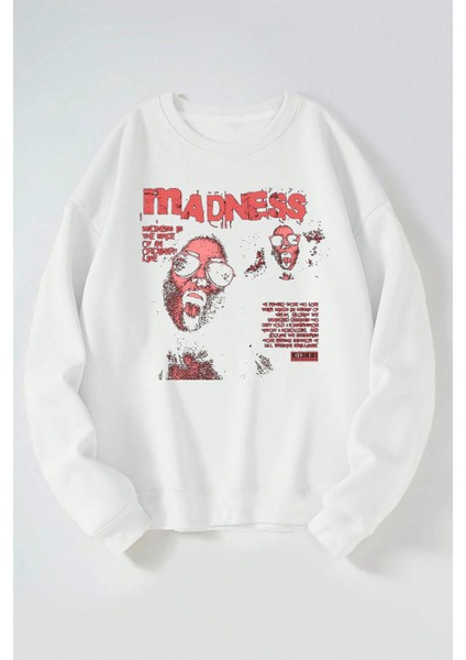 Madness Baskılı Kadın/erkek Beyaz Bisiklet Yaka Pamuklu Sweatshirt