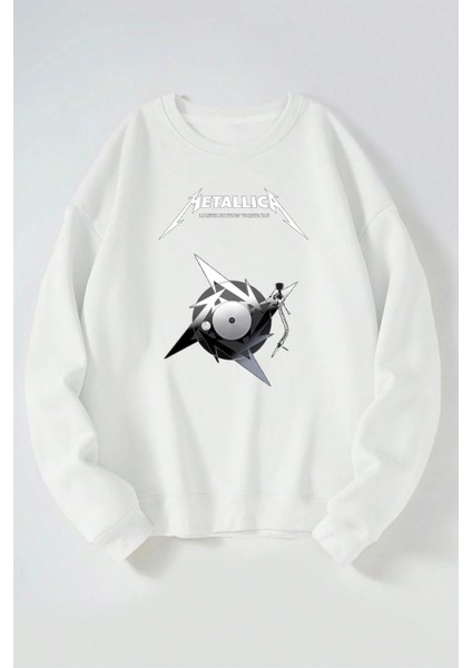 Metallıca Turntable Baskılı Kadın/erkek Beyaz Bisiklet Yaka Pamuklu Sweatshirt