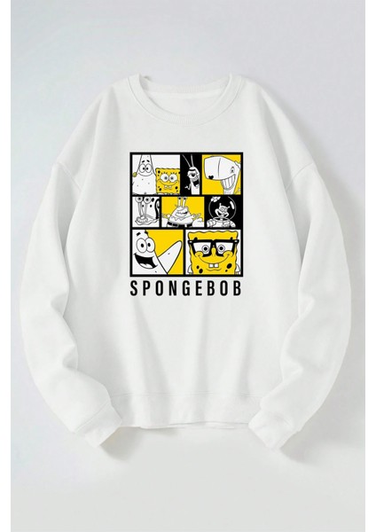 Sponge Bob Black White Baskılı Kadın/erkek Beyaz Bisiklet Yaka Pamuklu Sweatshirt