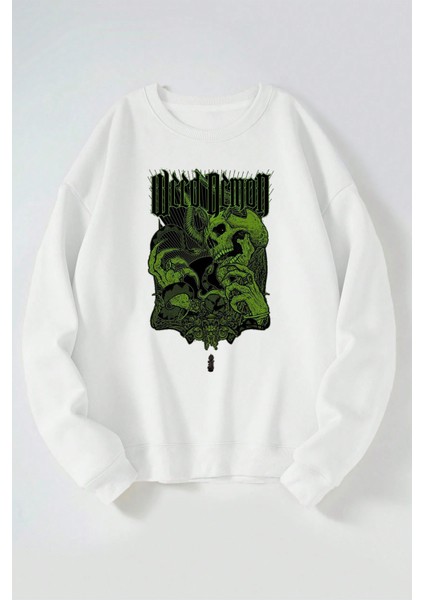 Weed Demon Baskılı Kadın/erkek Beyaz Bisiklet Yaka Pamuklu Sweatshirt