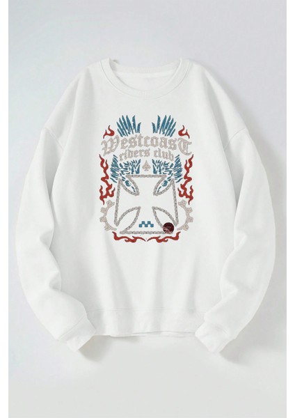 Westcoast Riders Club Baskılı Kadın/erkek Beyaz Bisiklet Yaka Pamuklu Sweatshirt