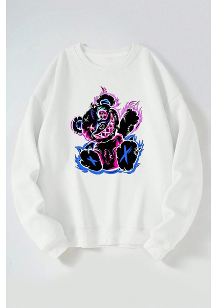Yanan Ayı Baskılı Kadın/erkek Beyaz Bisiklet Yaka Pamuklu Sweatshirt