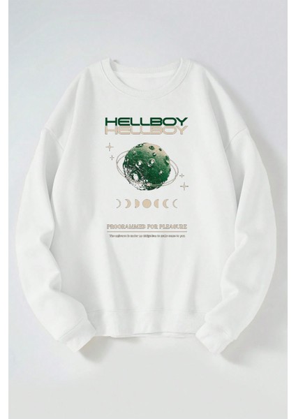 Hellboy Baskılı Kadın/erkek Beyaz Bisiklet Yaka Pamuklu Sweatshirt