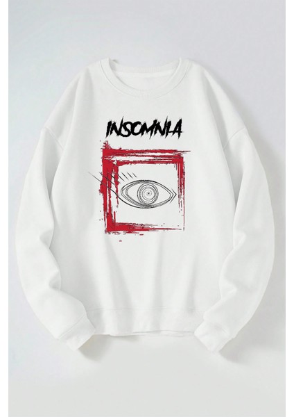 Inscmnla Göz Baskılı Kadın/erkek Beyaz Bisiklet Yaka Pamuklu Sweatshirt