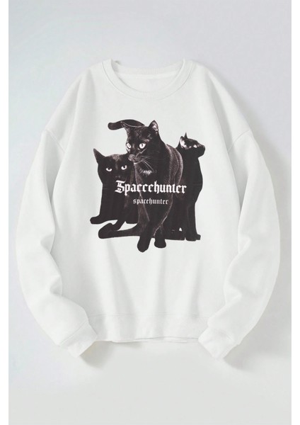 Spacehunter Baskılı Kadın/erkek Beyaz Bisiklet Yaka Pamuklu Sweatshirt
