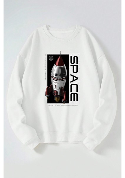 Space Roket Baskılı Kadın/erkek Beyaz Bisiklet Yaka Pamuklu Sweatshirt