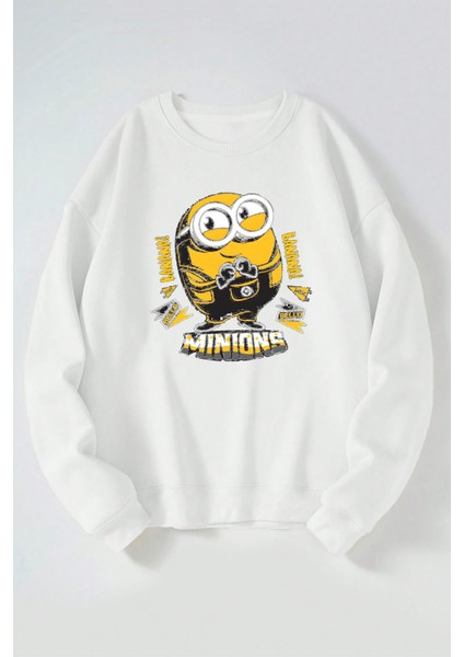 Mınıons Banana Baskılı Kadın/erkek Beyaz Bisiklet Yaka Pamuklu Sweatshirt
