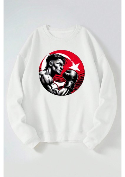 Türk Box Baskılı Kadın/erkek Beyaz Bisiklet Yaka Pamuklu Sweatshirt