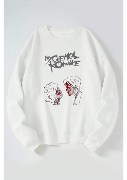 My Chemıcal Romance Çift Baskılı Kadın/erkek Beyaz Bisiklet Yaka Pamuklu Sweatshirt