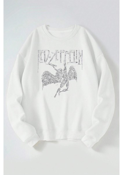 LED Zeppelin Melek Baskılı Kadın/erkek Beyaz Bisiklet Yaka Pamuklu Sweatshirt