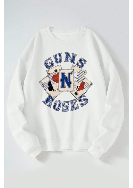 Guns Rules Baskılı Kadın/erkek Beyaz Bisiklet Yaka Pamuklu Sweatshirt