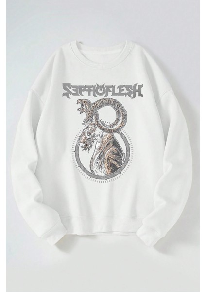 Şeptı Of Leşh Baskılı Kadın/erkek Beyaz Bisiklet Yaka Pamuklu Sweatshirt