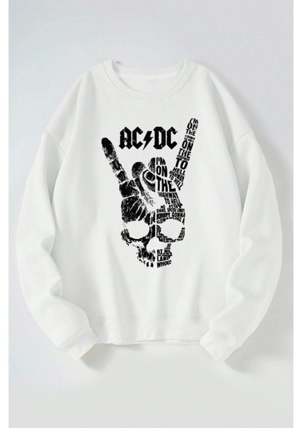 Ac Dc Kurukafa Baskılı Kadın/erkek Beyaz Bisiklet Yaka Pamuklu Sweatshirt