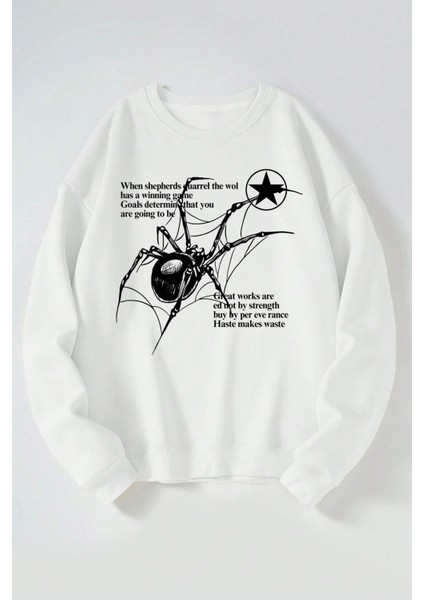 Spider Star Baskılı Kadın/erkek Beyaz Bisiklet Yaka Pamuklu Sweatshirt