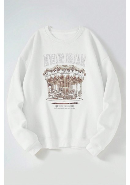 Mystıc Dream Baskılı Kadın/erkek Beyaz Bisiklet Yaka Pamuklu Sweatshirt