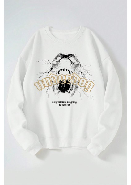 Underdog Baskılı Kadın/erkek Beyaz Bisiklet Yaka Pamuklu Sweatshirt