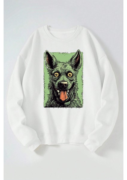Yeşil Köpek Baskılı Kadın/erkek Beyaz Bisiklet Yaka Pamuklu Sweatshirt