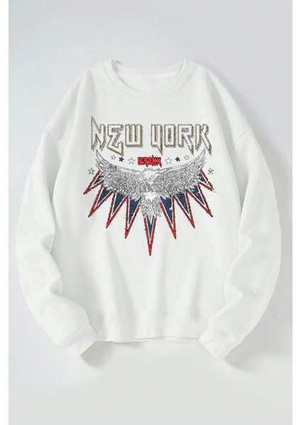 New York Bronx Baskılı Kadın/erkek Beyaz Bisiklet Yaka Pamuklu Sweatshirt