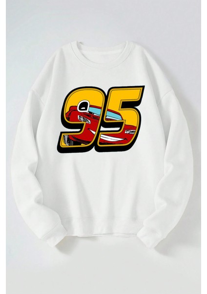 95 Şimşek Mc Queen Baskılı Kadın/erkek Beyaz Bisiklet Yaka Pamuklu Sweatshirt