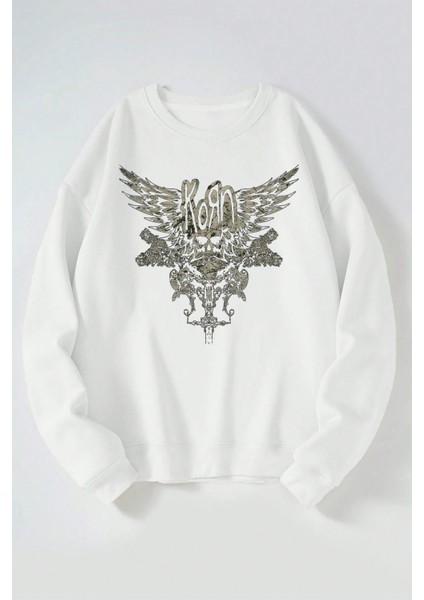 Korn Baskılı Kadın/erkek Beyaz Bisiklet Yaka Pamuklu Sweatshirt