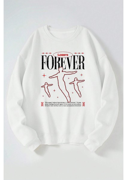 Losers Forever Baskılı Kadın/erkek Beyaz Bisiklet Yaka Pamuklu Sweatshirt