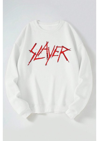 Slayer Red Yazı Baskılı Kadın/erkek Beyaz Bisiklet Yaka Pamuklu Sweatshirt