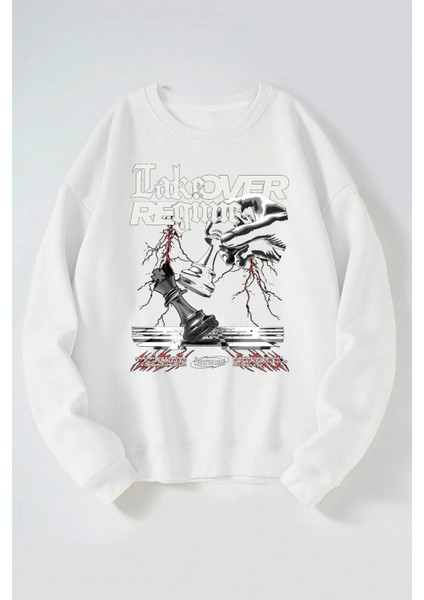 Lake Over Re Gime Baskılı Kadın/erkek Beyaz Bisiklet Yaka Pamuklu Sweatshirt