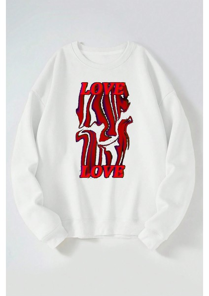 Love Love Baskılı Kadın/erkek Beyaz Bisiklet Yaka Pamuklu Sweatshirt