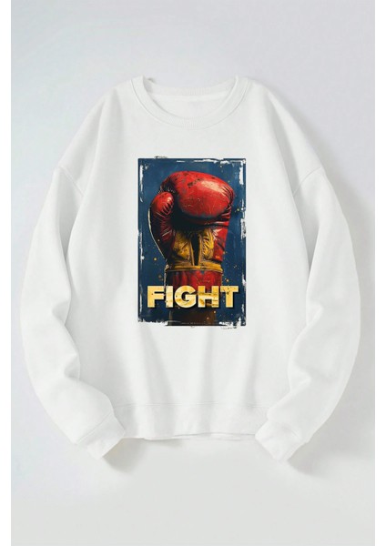 Boks Eldiven Fıght Baskılı Kadın/erkek Beyaz Bisiklet Yaka Pamuklu Sweatshirt