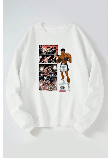 Boxıng Muhammed Ali Baskılı Kadın/erkek Beyaz Bisiklet Yaka Pamuklu Sweatshirt
