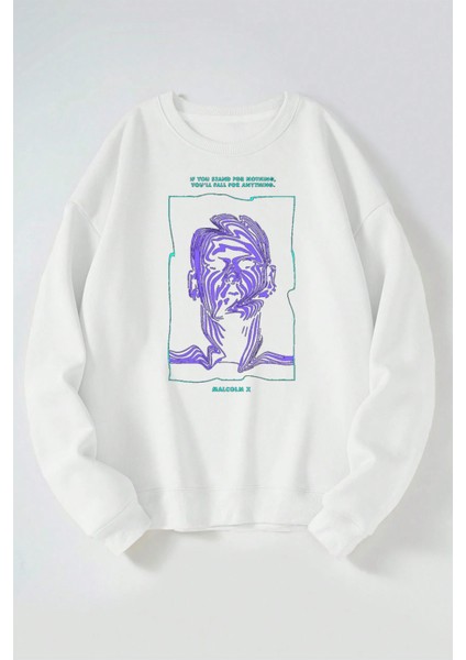 Malcolm x Baskılı Kadın/erkek Beyaz Bisiklet Yaka Pamuklu Sweatshirt
