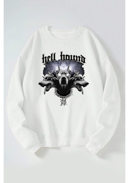 Hell Hound Baskılı Kadın/erkek Beyaz Bisiklet Yaka Pamuklu Sweatshirt