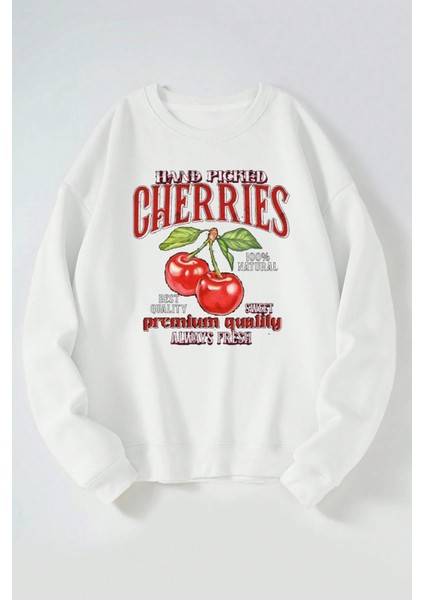 Cherries Baskılı Kadın/erkek Beyaz Bisiklet Yaka Pamuklu Sweatshirt