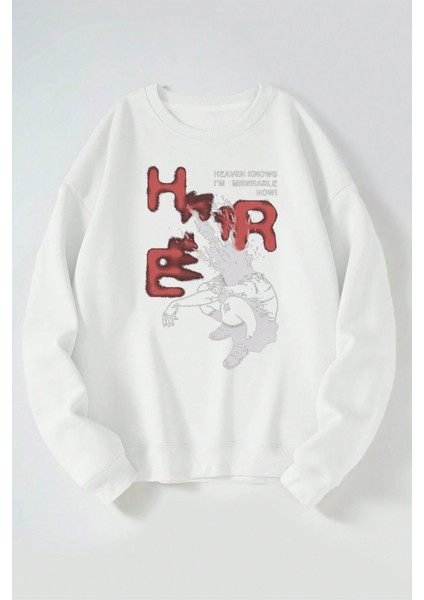 Heer Baskılı Kadın/erkek Beyaz Bisiklet Yaka Pamuklu Sweatshirt