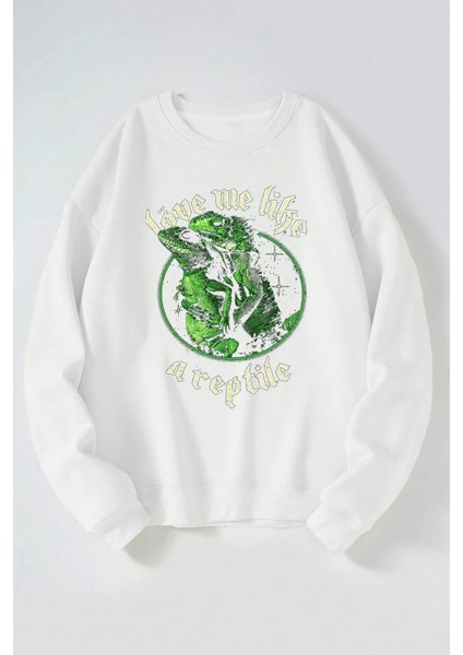 Love Me Like A Reptile Baskılı Kadın/erkek Beyaz Bisiklet Yaka Pamuklu Sweatshirt