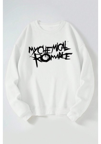 My Chemıcal Romance Logo Baskılı Kadın/erkek Beyaz Bisiklet Yaka Pamuklu Sweatshirt