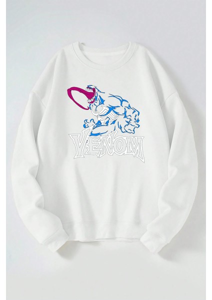 Venom Blue Baskılı Kadın/erkek Beyaz Bisiklet Yaka Pamuklu Sweatshirt