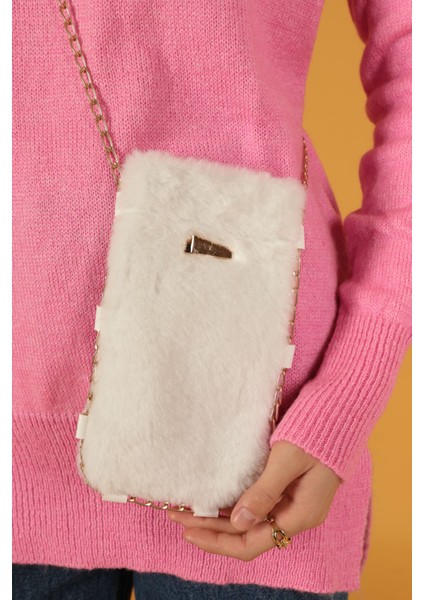 Peluş Kadın Çıtçıtlı Çapraz Çanta-Beyaz fiyatları